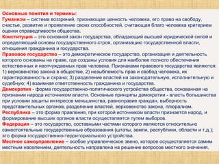 Основные понятия и термины:
Гуманизм – система воззрений, признающая ценность человека, его право на свободу,
счастье, развитие и проявление своих способностей, считающая благо человека критерием
оценки справедливости общества.
Конституция – это основной закон государства, обладающий высшей юридической силой и
определяющий основы государственного строя, организацию государственной власти,
отношения гражданина и государства.
Правовое государство – это демократическое государство, организация и деятельность
которого основаны на праве, где созданы условия для наиболее полного обеспечения
естественных и неотчуждаемых прав человека. Признаками правового государства являются:
1) верховенство закона в обществе, 2) незыблемость прав и свобод человека, их
гарантированность и охрана; 3) разделение властей на законодательную, исполнительную и
судебную; 4) взаимная ответственность гражданина и государства.
Демократия - форма государственно-политического устройства общества, основанная на
признании народа источником власти. Основные принципы демократии - власть большинства
при условии защиты интересов меньшинства, равноправие граждан, выборность
представительных органов, разделение властей, верховенство закона, плюрализм.
Республика – это форма правления, при которой источником власти признается народ, и
формирование высших органов власти осуществляется путем выборов.
Федерация – это государство, составными частями которого являются относительно
самостоятельные государственные образования (штаты, земли, республики, области и т.д.);
это форма государственно-территориального устройства.
Местное самоуправление – особое управленческое звено, которое осуществляется самим
местным населением, деятельность направлена на решение вопросов местного значения.
 