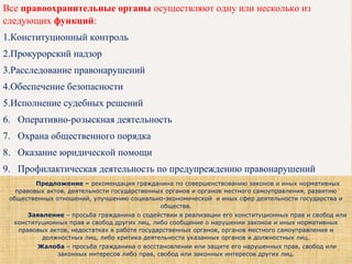 Все правоохранительные органы осуществляют одну или несколько из
следующих функций:
1.Конституционный контроль
2.Прокурорский надзор
3.Расследование правонарушений
4.Обеспечение безопасности
5.Исполнение судебных решений
6. Оперативно-розыскная деятельность
7. Охрана общественного порядка
8. Оказание юридической помощи
9. Профилактическая деятельность по предупреждению правонарушений
            Предложение – рекомендация гражданина по совершенствованию законов и иных нормативных
правовых актов, деятельности государственных органов и органов местного самоуправления, развитию
общественных отношений, улучшению социально-экономической и иных сфер деятельности государства и
общества.
Заявление – просьба гражданина о содействии в реализации его конституционных прав и свобод или
конституционных прав и свобод других лиц, либо сообщение о нарушении законов и иных нормативных
правовых актов, недостатках в работе государственных органов, органов местного самоуправления и
должностных лиц, либо критика деятельности указанных органов и должностных лиц.
Жалоба – просьба гражданина о восстановлении или защите его нарушенных прав, свобод или
законных интересов либо прав, свобод или законных интересов других лиц.
 