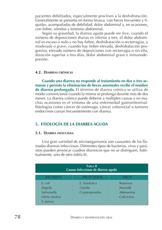 DIARREA Y REHIDRATACIÓN ORAL78
pacientes debilitados, especialmente proclives a la deshidratación.
Generalmente se presenta en forma brusca, con heces frecuentes y lí-
quidas, acompañadas de debilidad, dolor abdominal y, en ocasiones,
con fiebre, vómitos y tenesmo abdominal.
Según su gravedad, la diarrea aguda puede ser leve, cuando el
número de deposiciones diarias es inferior a tres, el dolor abdomi-
nal es escaso o nulo y no hay fiebre, deshidratación o rectorragias, y
moderada o grave, cuando hay fiebre elevada, deshidratación pro-
gresiva, elevado número de deposiciones con rectorragia o sin ella,
duración superior a tres días, dolor abdominal grave e inmunode-
presión.
4.2. DIARREAS CRÓNICAS
Cuando una diarrea no responde al tratamiento en dos o tres se-
manas y persiste la eliminación de heces anormales recibe el nombre
de diarrea prolongada. El término de diarrea crónica se utiliza de
modo convencional cuando la misma se prolonga durante más de dos
meses. La diarrea crónica puede deberse a múltiples causas y en mu-
chas ocasiones es el síntoma de una enfermedad gastrointestinal.
Patologías como cáncer de estómago, cáncer colorrectal o tumores
endocrinos cursan frecuentemente con diarrea.
5. ETIOLOGÍA DE LA DIARREA AGUDA
5.1. DIARREA INFECCIOSA
Una gran variedad de microorganismos son causantes de las lla-
madas diarreas infecciosas. Diferentes tipos de bacterias, virus y pará-
sitos pueden provocar cuadros diarreicos que no se distinguen, habi-
tualmente, uno de otro (tabla II).
TABLA II
Causas infecciosas de diarrea aguda
Bacterias Protozoos Virus
E. coli E. histolytica Rotavirus
Shigella Giardia Norwalk
Salmonella Cryptosporidea Adenovirus
Vibrio cholera Calicivirus
S. aureus
BACTERIAS PROTOZOOS VIRUS
 