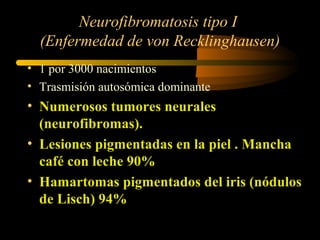 Neurofibromatosis tipo I
(Enfermedad de von Recklinghausen)
• 1 por 3000 nacimientos
• Trasmisión autosómica dominante
• Numerosos tumores neurales
(neurofibromas).
• Lesiones pigmentadas en la piel . Mancha
café con leche 90%
• Hamartomas pigmentados del iris (nódulos
de Lisch) 94%
 