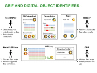 Researcher
GBIF.org
Download history
Download 1
. . .
Cleaned data
Data
Data attribution
Dataset DOI
Paper
Paper DOI
GBIF download
Data
Data attribution
Download DOI
Data Publisher
Reader
GBIF
• Cite data sources
• Linked results to data
• Suggestdata
corrections
• Discover data usage
• Receive suggested
data corrections
• Monitor data usage
• Enhance fitness-for-
use
• Retrieve sourcedata
• Reproduceresults
GBIF AND DIGITAL OBJECT IDENTIFIERS
 