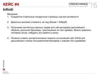 КЕЙС #4
Infiniti
Механика:
1. Создаются отдельные посадочные страницы под все активности
2. Довольно высокая стоимость за лид (более 1 500руб)
3. Получение контактных данных людей для call-центрадля дальнейшего
обзвона, рассылки брошюры, приглашения на тест-драйвы. Важно привлечь
человека лично, побудить его прийти в салон
4. Полезно ставить ретаргетинговые пиксели на основной сайт Infiniti для
дальнейшего показа пользователям баннеров с новыми тест-драйвами
 