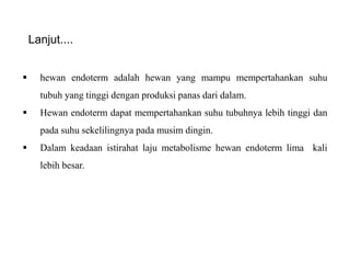  hewan endoterm adalah hewan yang mampu mempertahankan suhu
tubuh yang tinggi dengan produksi panas dari dalam.
 Hewan endoterm dapat mempertahankan suhu tubuhnya lebih tinggi dan
pada suhu sekelilingnya pada musim dingin.
 Dalam keadaan istirahat laju metabolisme hewan endoterm lima kali
lebih besar.
Lanjut....
 