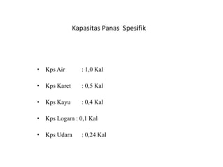 Kapasitas Panas Spesifik
• Kps Air : 1,0 Kal
• Kps Karet : 0,5 Kal
• Kps Kayu : 0,4 Kal
• Kps Logam : 0,1 Kal
• Kps Udara : 0,24 Kal
 
