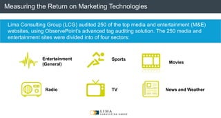 © 2013 Adobe Systems Incorporated. All Rights Reserved. Adobe Confidential.
Lima Consulting Group (LCG) audited 250 of the top media and entertainment (M&E)
websites, using ObservePoint’s advanced tag auditing solution. The 250 media and
entertainment sites were divided into of four sectors:
Measuring the Return on Marketing Technologies
Entertainment
(General) Movies
Sports
News and WeatherRadio TV
 