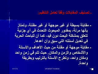 :‫التنظيم‬ ‫لعامل‬ ‫ا‬ً ‫وفق‬ ‫المقابل ت‬ ‫تصنيف‬ ‫ـ‬:‫التنظيم‬ ‫لعامل‬ ‫ا‬ً ‫وفق‬ ‫المقابل ت‬ ‫تصنيف‬ ‫ـ‬
‫وتمتاز‬ ،‫مقننة‬ ‫غير‬ ‫أو‬ ‫موجهة‬ ‫غير‬ ‫أو‬ ‫بسيطة‬ ‫مقابلة‬ -‫وتمتاز‬ ،‫مقننة‬ ‫غير‬ ‫أو‬ ‫موجهة‬ ‫غير‬ ‫أو‬ ‫بسيطة‬ ‫مقابلة‬ -
‫جزئية‬ ‫أي‬ ‫في‬ ‫التحدث‬ ‫المبحوث‬ ‫بمقدور‬ ،‫مرنة‬ ‫بأنها‬‫جزئية‬ ‫أي‬ ‫في‬ ‫التحدث‬ ‫المبحوث‬ ‫بمقدور‬ ،‫مرنة‬ ‫بأنها‬
‫الحرية‬ ‫للباحث‬ ‫أن‬ ‫كما‬ ،‫قيد‬ ‫دون‬ ‫البحث‬ ‫بمشكلة‬ ‫تتعلق‬‫الحرية‬ ‫للباحث‬ ‫أن‬ ‫كما‬ ،‫قيد‬ ‫دون‬ ‫البحث‬ ‫بمشكلة‬ ‫تتعلق‬
.‫أعدها‬ ‫وأن‬ ‫ئسبق‬ ‫التي‬ ‫أئسئلته‬ ‫تعديل‬ ‫في‬.‫أعدها‬ ‫وأن‬ ‫ئسبق‬ ‫التي‬ ‫أئسئلته‬ ‫تعديل‬ ‫في‬
‫والئسئلة‬ ‫الهداف‬ ‫حيث‬ ‫من‬ ‫مقننة‬ ‫أو‬ ‫موجهة‬ ‫مقابلة‬ -‫والئسئلة‬ ‫الهداف‬ ‫حيث‬ ‫من‬ ‫مقننة‬ ‫أو‬ ‫موجهة‬ ‫مقابلة‬ -
‫واحد‬ ‫زمن‬ ‫في‬ ‫تتم‬ ‫حيث‬ .‫والمكان‬ ‫والزمن‬ ‫والخشخاص‬‫واحد‬ ‫زمن‬ ‫في‬ ‫تتم‬ ‫حيث‬ .‫والمكان‬ ‫والزمن‬ ‫والخشخاص‬
‫وبطريقة‬ ‫بالترتيب‬ ‫الئسئلة‬ ‫وتطرح‬ ،‫واحد‬ ‫ومكان‬‫وبطريقة‬ ‫بالترتيب‬ ‫الئسئلة‬ ‫وتطرح‬ ،‫واحد‬ ‫ومكان‬
.‫واحدة‬.‫واحدة‬
07/11/1507/11/15 DR MAGDY YOUNESSDR MAGDY YOUNESS 4444
 