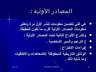 : ‫الولية‬ ‫المصادر‬: ‫الولية‬ ‫المصادر‬
‫وتعتبر‬ ‫مرة‬ ‫لول‬ ‫تنشر‬ ‫معلوما ت‬ ‫تتضمن‬ ‫التي‬ ‫هي‬‫وتعتبر‬ ‫مرة‬ ‫لول‬ ‫تنشر‬ ‫معلوما ت‬ ‫تتضمن‬ ‫التي‬ ‫هي‬
.‫للحقيقة‬ ‫تكون‬ ‫ما‬ ‫أقرب‬ ‫الولية‬ ‫المصادر‬ ‫معلوما ت‬.‫للحقيقة‬ ‫تكون‬ ‫ما‬ ‫أقرب‬ ‫الولية‬ ‫المصادر‬ ‫معلوما ت‬
‫الولية‬ ‫المصادر‬ ‫تحت‬ ‫التالية‬ ‫النواع‬ ‫وتتدرج‬‫الولية‬ ‫المصادر‬ ‫تحت‬ ‫التالية‬ ‫النواع‬ ‫وتتدرج‬::
‫الشخصية‬ ‫والسير‬ ‫التراجم‬ ( ‫الشخصية‬ ‫والسير‬ ‫التراجم‬ ( ..
: ‫الرختراع‬ ‫ (براءا ت‬: ‫الرختراع‬ ‫ (براءا ت‬
‫والتفاقيا ت‬ ‫:كالمعاهدا ت‬ ‫المحفوظة‬ ‫التاريخية‬ ‫الوثائق‬‫والتفاقيا ت‬ ‫:كالمعاهدا ت‬ ‫المحفوظة‬ ‫التاريخية‬ ‫الوثائق‬
‫ذلك‬ ‫خشابه‬ ‫وما‬‫ذلك‬ ‫خشابه‬ ‫وما‬..
07/11/1507/11/15 DR MAGDY YOUNESSDR MAGDY YOUNESS 5858
 