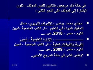 ‫تكون‬ ، ‫المؤلف‬ ‫لنفس‬ ‫متتاليين‬ ‫مرجعين‬ ‫ذكر‬ ‫حالة‬ ‫في‬‫تكون‬ ، ‫المؤلف‬ ‫لنفس‬ ‫متتاليين‬ ‫مرجعين‬ ‫ذكر‬ ‫حالة‬ ‫في‬
: ‫التالي‬ ‫النحو‬ ‫على‬ ‫المؤلف‬ ‫إلى‬ ‫الشارة‬: ‫التالي‬ ‫النحو‬ ‫على‬ ‫المؤلف‬ ‫إلى‬ ‫الشارة‬
‫يونس‬ ‫محمد‬ ‫مجدي‬‫يونس‬ ‫محمد‬ ‫مجدي‬‫التربوي‬ ‫الشراف‬ ،‫التربوي‬ ‫الشراف‬ ،‫مدخل‬ ،‫مدخل‬ ،
‫شبين‬ ،‫الجامعية‬ ‫الكتب‬ ‫دار‬ ، ‫التعليم‬ ‫في‬ ‫الجودة‬ ‫لتحقيق‬‫شبين‬ ،‫الجامعية‬ ‫الكتب‬ ‫دار‬ ، ‫التعليم‬ ‫في‬ ‫الجودة‬ ‫لتحقيق‬
، ‫مصر‬ ، ‫الكو م‬، ‫مصر‬ ، ‫الكو م‬20102010.....‫ص‬ ......‫ص‬ .
، ‫ــــــــــــــــــــــــــــــــــ‬، ‫ــــــــــــــــــــــــــــــــــ‬‫أسس‬ ، ‫التعليمية‬ ‫الدارة‬‫أسس‬ ، ‫التعليمية‬ ‫الدارة‬
‫عملية‬ ‫وتطبيقا ت‬ ‫نظرية‬‫عملية‬ ‫وتطبيقا ت‬ ‫نظرية‬‫شبين‬ ، ‫الجامعية‬ ‫الكتب‬ ‫دار‬ ،‫شبين‬ ، ‫الجامعية‬ ‫الكتب‬ ‫دار‬ ،
، ‫مصر‬ ، ‫الكو م‬، ‫مصر‬ ، ‫الكو م‬20092009..... ‫ص‬ ...... ‫ص‬ .
.‫الجنبي‬ ‫المرجع‬ ‫حالة‬ ‫في‬ ‫الشئ‬ ‫*ونفس‬.‫الجنبي‬ ‫المرجع‬ ‫حالة‬ ‫في‬ ‫الشئ‬ ‫*ونفس‬
07/11/1507/11/15 DR MAGDY YOUNESSDR MAGDY YOUNESS 7676
 