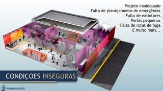 Projeto inadequado
Falta de planejamento de emergência
Falta de extintores
Portas pequenas
Falta de rotas de fuga
E muito mais...
CONDIÇOES INSEGURAS
 