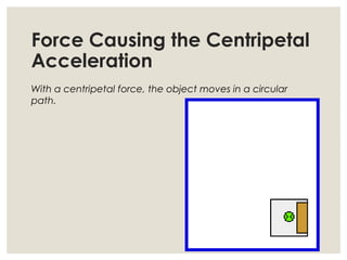 Force Causing the Centripetal
Acceleration
With a centripetal force, the object moves in a circular
path.
 