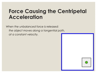 Force Causing the Centripetal
Acceleration
When the unbalanced force is released:
the object moves along a tangential path,
at a constant velocity.
 