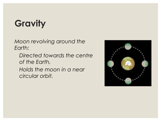 Gravity
Moon revolving around the
Earth:
Directed towards the centre
of the Earth,
Holds the moon in a near
circular orbit.
 