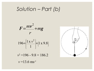 Solution – Part (b)
gvF m
r
m +=
2






















+= 9.8x1
1
x1196
2
v
v2
=196 - 9.8 = 186.2
v =13.6 ms-1
 