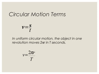 Circular Motion Terms
In uniform circular motion, the object in one
revolution moves 2πr in T seconds.
T
rv π2=
t
sv=
 