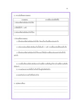 10
6. ตารางบันทึกผลการทดลอง
การทดลอง การเปลี่ยนแปลงที่เกิดขึ้น
1. หย่อนเกล็ดด่างทับทิมลงในน้าเย็น
2. เมื่อตั้งทิ้งไว้ 5 นาที
3. หย่อนเกล็ดด่างทับทิมลงในน้าร้อน
7. คาถามท้ายการทดลอง
1) เมื่อหย่อนเกล็ดด่างทับทิมลงในน้าเย็น สีของน้าจะเริ่มเปลี่ยนแปลงอย่างไร
.............................................................................................................................................................
2) หลังจากหย่อนเกล็ดด่างทับทิมลงในน้าเย็นแล้ว 5 นาที การเปลี่ยนแปลงที่สังเกตเห็น คือ
.............................................................................................................................................................
3) เมื่อหย่อนเกล็ดด่างทับทิมลงในน้าร้อนและน้าเย็นมีการเปลี่ยนแปลงแตกต่างกันหรือไม่
อย่างไร
.............................................................................................................................................................
.............................................................................................................................................................
4) การเคลื่อนที่ของเกล็ดด่างทับทิมจากบริเวณที่มีความเข้มข้นสูงไปหาบริเวณที่มีความเข้มข้น
ต่าเรียกว่า.............................................................................................................................................
5) การแพร่ของสารจะเกิดขึ้นเร็วหรือช้า ขึ้นอยู่กับปัจจัยใดบ้าง
.............................................................................................................................................................
6) จงยกตัวอย่างการแพร่ในชีวิตประจาวัน
.............................................................................................................................................................
.............................................................................................................................................................
8. สรุปผลการศึกษา
.............................................................................................................................................................
.............................................................................................................................................................
.............................................................................................................................................................
 