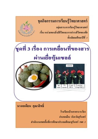 ชุดกิจกรรมการเรียนรู้วิทยาศาสตร์
กลุ่มสาระการเรียนรู้วิทยาศาสตร์
เรื่อง หน่วยของสิ่งมีชีวิตและการดารงชีวิตของพืช
ชั้นมัธยมศึกษาปีที่ 1
นางเอเดียน คุณาสิทธิ์
โรงเรียนบ้านกาเกาะระโยง
อาเภอเมือง จังหวัดสุรินทร์
สานักงานเขตพื้นที่การศึกษาประถมศึกษาสุรินทร์ เขต 1
 