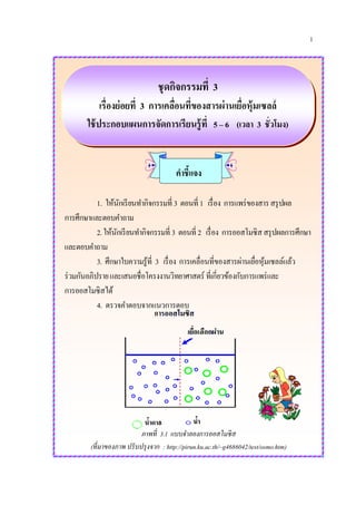1
ชุดกิจกรรมที่ 3
เรื่องย่อยที่ 3 การเคลื่อนที่ของสารผ่านเยื่อหุ้มเซลล์
ใช้ประกอบแผนการจัดการเรียนรู้ที่ 5 – 6 (เวลา 3 ชั่วโมง)
คาชี้แจง
1. ให้นักเรียนทากิจกรรมที่ 3 ตอนที่ 1 เรื่อง การแพร่ของสารสรุปผล
การศึกษาและตอบคาถาม
2.ให้นักเรียนทากิจกรรมที่ 3 ตอนที่ 2 เรื่อง การออสโมซิสสรุปผลการศึกษา
และตอบคาถาม
3. ศึกษาใบความรู้ที่ 3 เรื่อง การเคลื่อนที่ของสารผ่านเยื่อหุ้มเซลล์แล้ว
ร่วมกันอภิปรายและเสนอชื่อโครงงานวิทยาศาสตร์ ที่เกี่ยวข้องกับการแพร่และ
การออสโมซิสได้
4. ตรวจคาตอบจากแนวการตอบ
ภาพที่ 3.1 แบบจาลองการออสโมซิส
(ที่มาของภาพ ปรับปรุงจาก : http://pirun.ku.ac.th/~g4686042/test/osmo.htm)
 