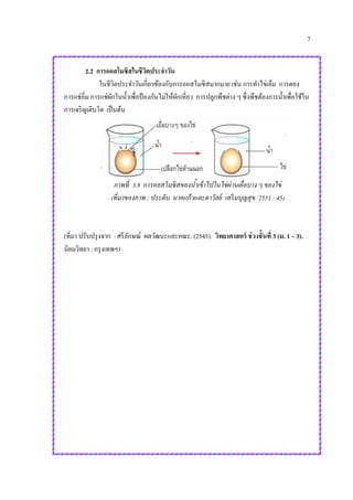 7
2.2 การออสโมซิสในชีวิตประจาวัน
ในชีวิตประจาวันเกี่ยวข้องกับการออสโมซิสมากมาย เช่น การทาไข่เค็ม การดอง
การแช่อิ่ม การแช่ผักในน้าเพื่อป้ องกันไม่ให้ผักเหี่ยว การปลูกพืชต่าง ๆ ซึ่งพืชต้องการน้าเพื่อใช้ใน
การเจริญเติบโต เป็นต้น
ภาพที่ 3.8 การออสโมซิสของน้าเข้าไปในไข่ผ่านเยื่อบาง ๆ ของไข่
(ที่มาของภาพ : ประดับ นาคแก้วและดาวัลย์ เสริมบุญสุข. 2551 : 45)
(ที่มา ปรับปรุงจาก : ศรีลักษณ์ ผลวัฒนะและคณะ. (2545). วิทยาศาสตร์ ช่วงชั้นที่ 3 (ม. 1 – 3).
นิยมวิทยา : กรุงเทพฯ)
 
