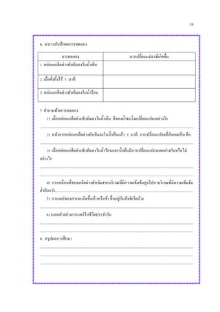 10
6. ตารางบันทึกผลการทดลอง
การทดลอง การเปลี่ยนแปลงที่เกิดขึ้น
1. หย่อนเกล็ดด่างทับทิมลงในน้าเย็น
2. เมื่อตั้งทิ้งไว้ 5 นาที
3. หย่อนเกล็ดด่างทับทิมลงในน้าร้อน
7. คาถามท้ายการทดลอง
1) เมื่อหย่อนเกล็ดด่างทับทิมลงในน้าเย็น สีของน้าจะเริ่มเปลี่ยนแปลงอย่างไร
.............................................................................................................................................................
2) หลังจากหย่อนเกล็ดด่างทับทิมลงในน้าเย็นแล้ว 5 นาที การเปลี่ยนแปลงที่สังเกตเห็น คือ
.............................................................................................................................................................
3) เมื่อหย่อนเกล็ดด่างทับทิมลงในน้าร้อนและน้าเย็นมีการเปลี่ยนแปลงแตกต่างกันหรือไม่
อย่างไร
.............................................................................................................................................................
.............................................................................................................................................................
4) การเคลื่อนที่ของเกล็ดด่างทับทิมจากบริเวณที่มีความเข้มข้นสูงไปหาบริเวณที่มีความเข้มข้น
ต่าเรียกว่า.............................................................................................................................................
5) การแพร่ของสารจะเกิดขึ้นเร็วหรือช้า ขึ้นอยู่กับปัจจัยใดบ้าง
.............................................................................................................................................................
6) จงยกตัวอย่างการแพร่ในชีวิตประจาวัน
.............................................................................................................................................................
.............................................................................................................................................................
8. สรุปผลการศึกษา
.............................................................................................................................................................
.............................................................................................................................................................
.............................................................................................................................................................
 