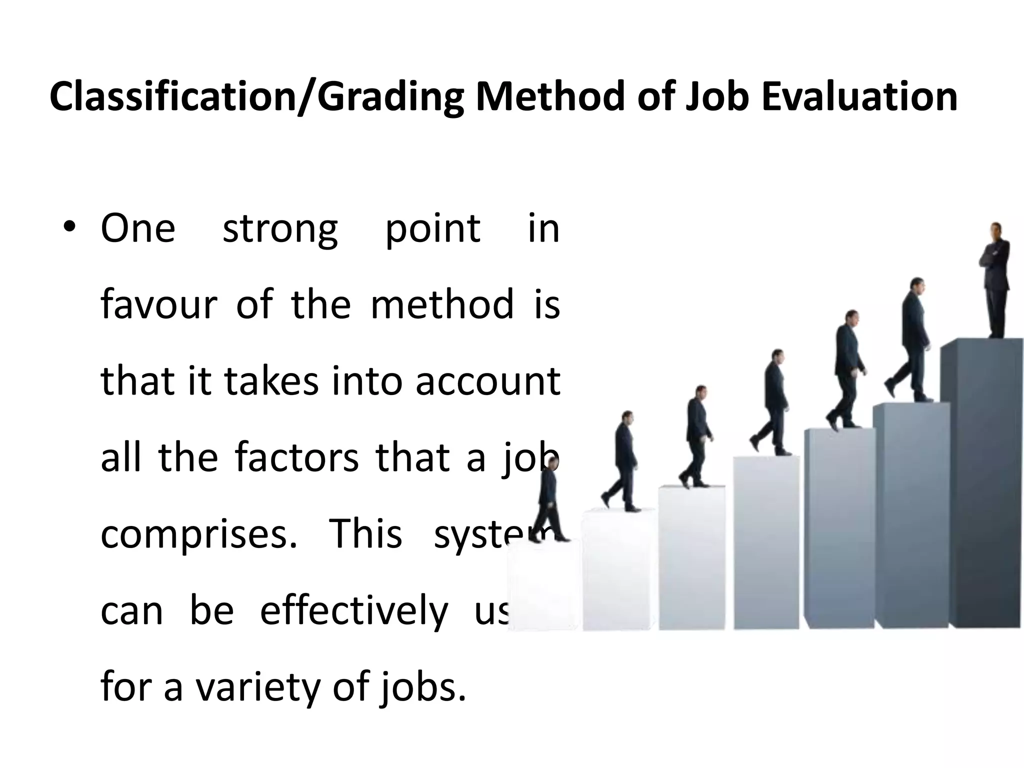 Classification/Grading Method of Job Evaluation
• One strong point in
favour of the method is
that it takes into account
all the factors that a job
comprises. This system
can be effectively used
for a variety of jobs.
 