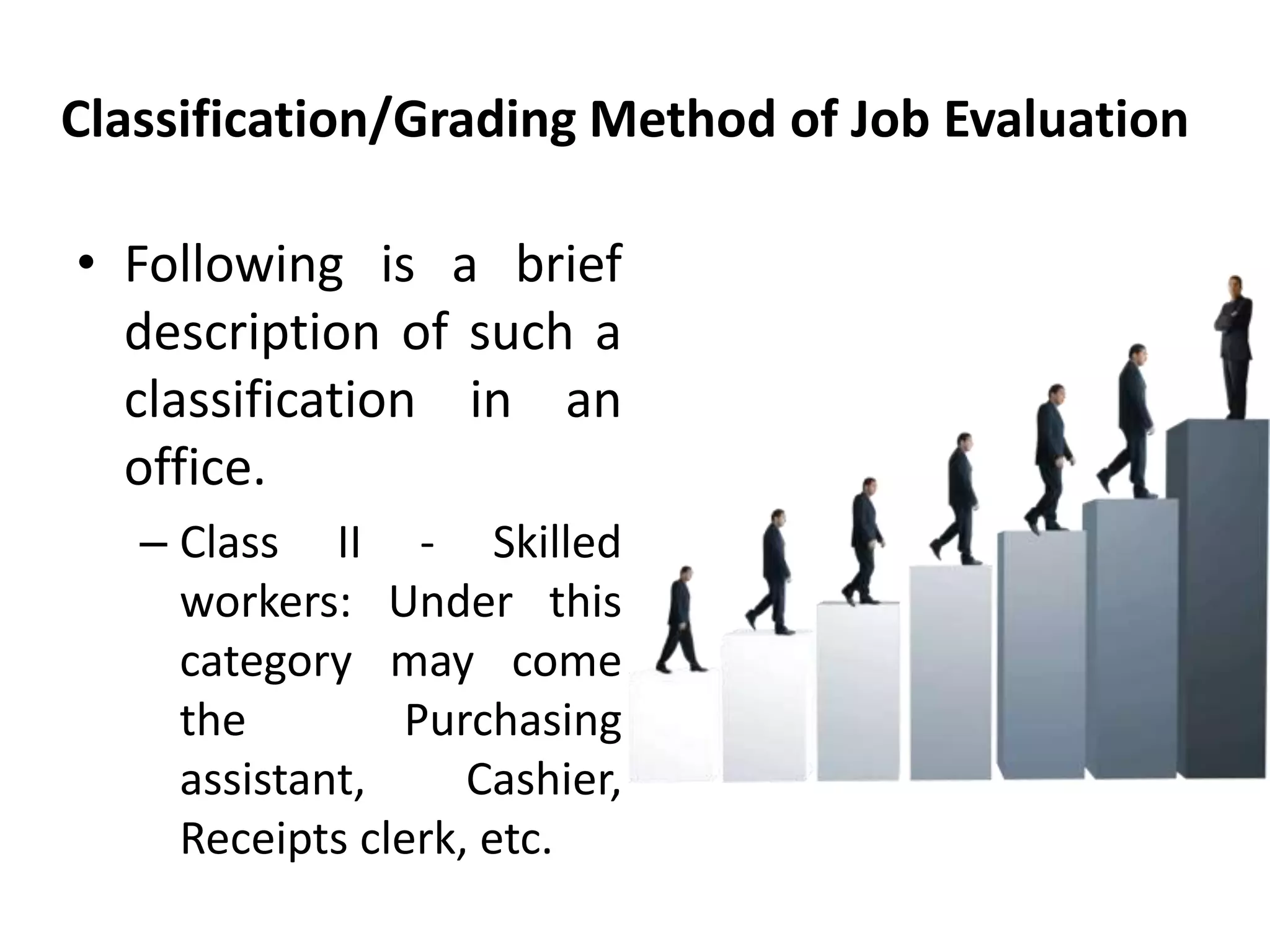 Classification/Grading Method of Job Evaluation
• Following is a brief
description of such a
classification in an
office.
– Class II - Skilled
workers: Under this
category may come
the Purchasing
assistant, Cashier,
Receipts clerk, etc.
 
