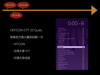 • DEFCON CTF 22 Quals
• 聚集各方戰力重新挑戰一次
• HITCON
• 台灣大學 217
• 交通大學成員
2014-05
2013-05 2014-05
 