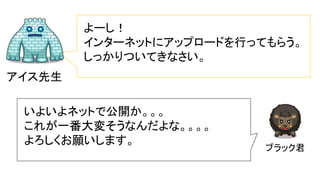 アイス先生
よーし！
インターネットにアップロードを行ってもらう。
しっかりついてきなさい。
ブラック君
いよいよネットで公開か。。。
これが一番大変そうなんだよな。。。。
よろしくお願いします。
 