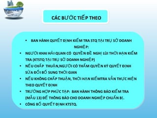 CÁC B C TI P THEOƯỚ Ế
• BAN HÀNH QUY T Đ NH KI M TRA STQ T I TR S DOANHẾ Ị Ể Ạ Ụ Ở
NGHI P:Ệ
• NG I KHAI H I QUAN CÓ QUY N Đ NGH LÙI TH I H N KI MƯỜ Ả Ề Ề Ị Ờ Ạ Ể
TRA (KTSTQ T I TR S DOANH NGHI P)Ạ Ụ Ở Ệ
• N U CH P THU N,NG I CÓ TH M QUY N KÝ QUY T Đ NHẾ Ấ Ậ ƯỜ Ẩ Ề Ế Ị
S A Đ I B SUNG TH I GIANỬ Ổ Ổ Ờ
• N U KHÔNG CH P THU N, TH I H N KI MTRA V N TH C HI NẾ Ấ Ậ Ờ Ạ Ể Ẫ Ự Ệ
THEO QUY T Đ NHẾ Ị
• TR NG H P PH C T P: BAN HÀNH THÔNG BÁO KI M TRAƯỜ Ợ Ứ Ạ Ể
(M U 13) Đ THÔNG BÁO CHO DOANH NGHI P CHU N B .Ẫ Ể Ệ Ẩ Ị
• CÔNG B QUY T Đ NH KTSTQ.Ố Ế Ị
 