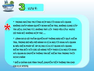 L U Ý:Ư
* TRONG NH NG TR NG H P NG I KHAI H I QUANỮ ƯỜ Ợ ƯỜ Ả
KHÔNG CH P HÀNH QUY T Đ NH KI M TRA, KHÔNG CUNG C PẤ Ế Ị Ể Ấ
TÀI LI U, CH NG T ; KHÔNG TR L I THEO YÊU C U HO CỆ Ứ Ừ Ả Ờ Ầ Ặ
CÓ THÁI Đ KHÔNG H P TÁC ….Ộ Ợ
* LÃNH Đ O CÓ TH M QUY N KÝ THÔNG BÁO K T QU KI MẠ Ẩ Ề Ế Ả Ể
TRA, TRONG ĐÓ NÊU RÕ HÀNH VI C A NG I KHAI H I QUANỦ ƯỜ Ả
& NÊU BI N PHÁP S ÁP D NG C A C QUAN H I QUAN:Ệ Ẽ Ụ Ủ Ơ Ả
KI M TRA Đ I V I CÁC LÔ HÀNG TI P THEO C A NG I KHAIỂ Ố Ớ Ế Ủ ƯỜ
H I QUAN & CHUY N THÔNG TIN Đ KI M TRA TRONG TH IẢ Ể Ể Ể Ờ
H N 5 NĂMẠ
* ĐI U CH NH GIÁ TÍNH THU ,CHUY N TI P THÔNG TIN CHOỀ Ỉ Ế Ể Ế
CHI C C KTSTQỤ
 