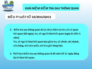 KHÁI NI M KI M TRA SAU THÔNG QUANỆ Ể
2. Ki m tra sau thông quan đ c th c hi n t i tr s c quanể ượ ự ệ ạ ụ ở ơ
h i quanả (60 ngày), tr s ng i khai h i quanụ ở ườ ả (ngày 61 đ n 5ế
năm).
Tr s ng i khai h i quan bao g m tr s chính, chi nhánh,ụ ở ườ ả ồ ụ ở
c a hàng, n i s n xu t, n i l u gi hàng hóa.ử ơ ả ấ ơ ư ữ
3. Th i h n ki m tra sau thông quan là 05 năm k t ngày đăngờ ạ ể ể ừ
ký t khai h i quan.ờ ả
ĐI U 77 LU T S 54/2014/QH13Ề Ậ Ố
 