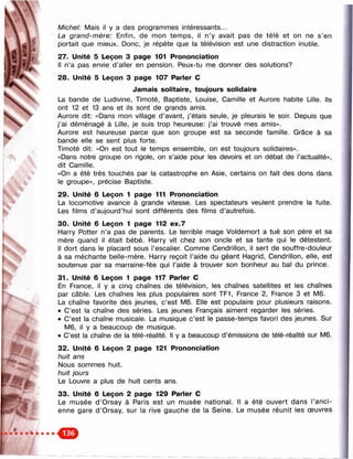 в 
к
г
ж
и
Michel: Mais il у а des programmes intéressants...
La grand-m ère: Enfin, de mon temps, il n’y avait pas de télé et on ne s’en
portait que mieux. Donc, je répète que la télévision est une distraction inutile.
27. Unité 5 Leçon 3 page 101 Prononciation
Il n’a pas envie d’aller en pension. Peux-tu me donner des solutions?
28. Unité 5 Leçon 3 page 107 Parler С
Jamais solitaire, toujours solidaire
La bande de Ludivine, Timoté, Baptiste, Louise, Camille et Aurore habite Lille. Ils
ont 12 et 13 ans et ils sont de grands amis.
Aurore dit: «Dans mon village d’avant, j’étais seule, je pleurais le soir Depuis que
j’ai déménagé à Lille, je suis trop heureuse: j’ai trouvé mes amis».
Aurore est heureuse parce que son groupe est sa seconde famille. Grâce à sa
bande elle se sent plus forte.
Timoté dit: «On est tout le temps ensemble, on est toujours solidaires».
«Dans notre groupe on rigole, on s’aide pour les devoirs et on débat de l’actualité»,
dit Camille.
«On a été très touchés par la catastrophe en Asie, certains on fait des dons dans
le groupe», précise Baptiste.
29. Unité 6 Leçon 1 page 111 Prononciation
La locomotive avance à grande vitesse. Les spectateurs veulent prendre la fuite.
Les films d ’aujourd’hui sont différents des films d’autrefois.
30. Unité 6 Leçon 1 page 112 ex.7
Harry Potter n’a pas de parents. Le terrible mage Voldemort a tué son père et sa
mère quand il était bébé. Harry vit chez son oncle et sa tante qui le détestent.
Il dort dans le placard sous l’escalier. Comme Cendrillon, il sert de souffre-douleur
à sa méchante belle-mère. Harry reçoit l’aide du géant Hagrid, Cendrillon, elle, est
soutenue par sa marraine-fée qui l’aide à trouver son bonheur au bal du prince.
31. Unité 6 Leçon 1 page 117 Parler С
En France, il y a cinq chaînes de télévision, les chaînes satellites et les chaînes
par câble. Les chaînes les plus populaires sont TF1, France 2, France 3 et M6.
La chaîne favorite des jeunes, c’est M6. Elle est populaire pour plusieurs raisons.
• C’est la chaîne des séries. Les jeunes Français aiment regarder les séries.
• C’est la chaîne musicale. La musique c’est le passe-temps favori des jeunes. Sur
M6, il y a beaucoup de musique.
• C’est la chaîne de la télé-réalité. Il y a beaucoup d’émissions de télé-réalité sur M6.
32. Unité 6 Leçon 2 page 121 Prononciation
huit ans
Nous sommes huit.
huit jours
Le Louvre a plus de huit cents ans.
33. Unité 6 Leçon 2 page 129 Parler С
Le musée d ’Orsay à Paris est un musée national. Il a été ouvert dans l’anci­
enne gare d ’Orsay, sur la rive gauche de la Seine. Le musée réunit les œuvres
 