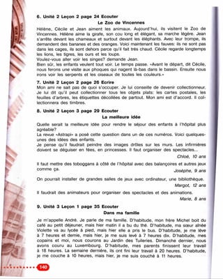 ч
к
6. Unité 2 Leçon 2 page 24 Ecouter
Le Zoo de Vincennes
Hélène, Cécile et Jean aiment les animaux. Aujourd’hui, ils visitent le Zoo de
Vincennes. Hélène aime la girafe, son cou long et élégant, sa marche légère. Jean
s’arrête devant les chameaux et surtout devant les éléphants. Avec leur trompe, ils
demandent des bananes et des oranges. Voici maintenant les fauves: ils ne sont pas
dans les cages, ils sont dehors parce qu’il fait très chaud. Cécile regarde longtemps
les lions, les tigres, les ours et les loups.
Voulez-vous aller voir les singes? demande Jean.
Bien sûr, les enfants veulent tout voir. Le temps passe. «Avant le départ, dit Cécile,
nous ferons une visite aux phoques qui nagent là-bas dans le bassin. Ensuite nous
irons voir les serpents et les oiseaux de toutes les couleurs.»
7. Unité 2 Leçon 2 page 26 Ecrire
Mon ami ne sait pas de quoi s’occuper. Je lui conseille de devenir collectionneur.
Je lui dit qu’il peut collectionner tous les objets plats: les cartes postales, les
feuilles d’arbres, les étiquettes décollées de partout. Mon ami est d’accord. Il col­
lectionnera des timbres.
8. Unité 2 Leçon 3 page 29 Ecouter
La meilleure idée
Quelle serait la meilleure idée pour rendre le séjour des enfants à l’hôpital plus
agréable?
La revue «Astrapi» a posé cette question dans un de ces numéros. Voici quelques-
unes des idées des enfants.
Je pense qu’il faudrait peindre des images drôles sur les murs. Les infirmières
doivent se déguiser en fées, en princesses. Il faut organiser des spectacles...
Chloé, 10 ans
Il faut mettre des toboggans à côté de l’hôpital avec des balançoires et autres jeux
comme ça. Josèphe, 9 ans
On pourrait installer de grandes salles de jeux avec ordinateur, une bibliothèque.
Margot, 12 ans
Il faudrait des animateurs pour organiser des spectacles et des animations.
Marie, 8 ans
9. Unité 3 Leçon 1 page 35 Ecouter
Dans ma famille
Je m’appelle André. Je parle de ma famille. D’habitude, mon frère Michel boit du
café au petit déjeuner, mais hier matin il a bu du thé. D’habitude, ma sœur aînée
Violette va au lycée à pied, mais hier elle a pris le bus. D’habitude, je me lève
à 7 heures et demie, mais hier, je me suis levé à 7 heures dix. D’habitude, mes
copains et moi, nous courons au Jardin des Tuileries. Dimanche dernier, nous
avons couru au Luxembourg. D’habitude, mes parents finissent leur travail
à 18 heures. La semaine dernière, ils ont fini leur travail à 20 heures. D’habitude,
je me couche à 10 heures, mais hier, je me suis couché à 11 heures.
 