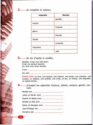 N
? . ■
?
2. Je complète le tableau.
masculin féminin
gentille
surpris
furieuse
jaloux
favorite
injuste
contente
important
utile
3 . Je dis d’après le modèle.
Modèle: C’est mon CD favori.
C’est ma lecture favorite.
Ce sont mes livres favorits.
C’est
Ce sont
4 .
choisis bien: un livre, une lecture, une histoire, une photo, une chanson, une
couleur, un tableau, une activité, une moto, un jeu, un timbre, une étiquette,
un passe-temps...
J’emploi les adjectifs: furieux, jaloux, surpris, gentil, con­
tent.
Mireille e s t_____________________________
Julien et Adrien so n t.
Sophie et Nadia sont
Ginette et Alla sont _
Sylvie et Georges sont
Jean-Philippe e s t____
Christine e s t_________
О
 