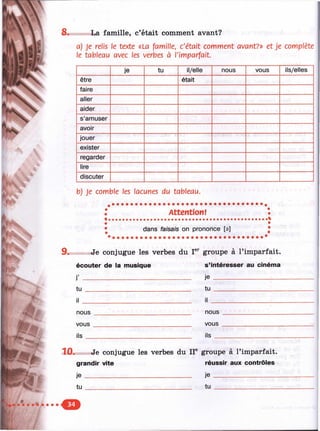8. . La famille, c’était comment avant?
a) Je relis le texte «La famille, c’était comment avant?» et je complète
le tableau avec les verbes à l'im parfait.
je tu il/elle nous vous ils/elles
être était
faire
aller
aider
s’amuser
avoir
jouer
exister
regarder
lire
discuter
b) Je comble les lacunes du tableau.
Ф Attention!
« .............................................................................
• dans faisais on prononce [э]
9* t Je conjugue les verbes du I®’’ groupe à l’imparfait,
écouter de la musique s’intéresser au cinéma
j’ ______________________________ je --------------------------------
tu _______________________________ tu ____________________
nous
vous
ils
nous
vous
ils
%0 Je conjugue les verbes du 1Г groupe à l’imparfait,
grandir vite réussir aux contrôles
je _____________________________ je __________________
t u _______________________________ t u ___________________
 