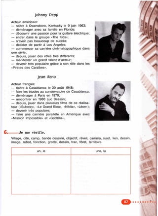 /
johnny Depp
Acteur américain:
— naître à Owensboro, Kentucky le 9 juin 1963;
— déménager avec sa famille en Floride;
— découvrir une passion pour la guitare électrique;
— entrer dans le groupe «The Kids»;
— n’avoir pas beaucoup de succès;
— décider de partir à Los Angeles;
— commencer sa carrière cinématographique dans
une série;
— depuis, jouer des rôles très différents;
— manifester un grand talent d’acteur;
— devenir très populaire grâce à son rôle dans les
«Pirates des Caraïbes».
Jean Reno
Acteur français:
— naître à Casablanca le 30 août 1948;
— faire les études au conservatoire de Casablanca;
— déménager à Paris en 1970;
— rencontrer en 1980 Luc Besson;
— depuis, jouer dans plusieurs films de ce réalisa­
teur («Subway», «Le Grand Bleu», «Nikita», «Léon»);
— devenir très populaire;
— faire une carrière parallèle en Amérique avec
«Mission Impossible» et «Godzilla».
6 . Je me vérifie.
Village, cité, camp, bande dessiné, objectif, réveil, caméra, sujet, lien, dessin,
image, robot, fonction, grotte, dessin, trac, fôret, territoire.
un, le une, la
>î
V "
& ...
 