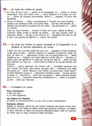 10. Je mets les verbes au passé.
• Au mois de juin nous ... (partir) à la campagne. Ils ... (faire) un temps
magnifique. Tous les matins nous ... (nous baigner) à la rivière. Le soir,
on ... (faire) de longues promenades. Nous y ... (passer) 15 jours très
agréables.
• Cécile et Marion ... (faire) connaissance à Trouville où leurs familles ...
(passer) les vacances d ’été. Les jeunes filles ... (se lier) vite d’amitié. Ils ...
(passer) les journées à la plage et le soir elles ... (se promener) ou ... (aller)
au cinéma.
L’été fini, leurs familles ... (revenir) à Paris et à Lyon. Cécile et Marion ...
(s’écrire). Cette année la famille de Cécile ,
vacances. Cécile ... (écrire) à son amie et lui
//
(ne pas pouvoir) venir en
(proposer) de venir la voir
à Lyon. Les parents de Marion n’... (avoir) rien contre.
ï Je mets les verbes au passé composé et à l’imparfait et je
prépare la lecture expressive du conte.
Il était une fois une jolie petite fille que l’on ... (appeler) le Petit Chaperon
rouge parce qu’elle ... (porter) toujours un manteau à capuchon rouge. Un
jour, sa mère lui ... (demander) d ’aller voir sa grand-mère qui ... (être)
malade et qui ... (habiter) de l’autre côté de la forêt. Elle lui ... (donner) un
panier avec une galette et un petit pot de beurre; elle lui ... (dire) de faire
bien attention au loup qui ... (vivre) dans la forêt et de ne pas écouter ses
discours.
Lenfant ... (partir) gaiement. En chemin, elle ... (s’arrêter) plusieurs fois
pour cueillir des fleurs, des fraises. Soudain, elle ... (entendre) une belle
voix grave qui ... (dire): «Bonjour, mon enfant, où vas-tu ainsi, toute seule?»
Le Petit Chaperon rouge lui ... (répondre) vivement qu’elle ... (ne pas devoir)
lui parler. Il ... (sourire) et ... (dire) que les parents ... (être) vraiment injustes
avec lui. Il lui ... (raconter) beaucoup d’histoires et il ... (être) si amusant,
qu’elle ... (finir) par l’écouter.
* J’imagine un conte.
Pour comm encer:
Il était une fois...
Il y a très longtemps...
Les étapes de l’histoire:
au début, au commencement, un jour, tout à coup, brusquement
Quelques actions:
appeler au secours, monter sur son cheval, traverser des terres et des mers,
rencontrer un ami fidèle, se battre contre des ennemis nombreux, un dragon,
un ogre, retrouver un objet /une personne désiré(e)/volé(e), créer un royaume,
se marier avec un beau prince/une belle princesse.
 