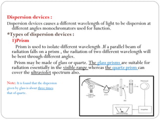 Dispersion devices :
Dispersion devices causes a different wavelength of light to be dispersion at
different angles monochromators used for function.
*Types of dispersion devices :
1)Prism
Prism is used to isolate different wavelength .If a parallel beam of
radiation falls on a prism , the radiation of two different wavelength will
be bent through different angles.
Prism may be made of glass or quartz. The glass prisms are suitable for
radiation essentially in the visible range whereas the quartz prism can
cover the ultraviolet spectrum also.
Note: It is found that the dispersion
given by glass is about three times
that of quartz.
 