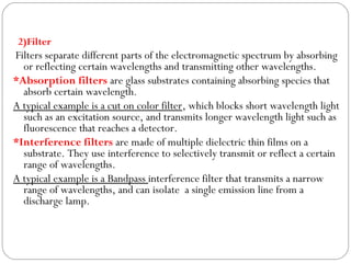 2)Filter
Filters separate different parts of the electromagnetic spectrum by absorbing
or reflecting certain wavelengths and transmitting other wavelengths.
*Absorption filters are glass substrates containing absorbing species that
absorb certain wavelength.
A typical example is a cut on color filter, which blocks short wavelength light
such as an excitation source, and transmits longer wavelength light such as
fluorescence that reaches a detector.
*Interference filters are made of multiple dielectric thin films on a
substrate. They use interference to selectively transmit or reflect a certain
range of wavelengths.
A typical example is a Bandpass interference filter that transmits a narrow
range of wavelengths, and can isolate a single emission line from a
discharge lamp.
 