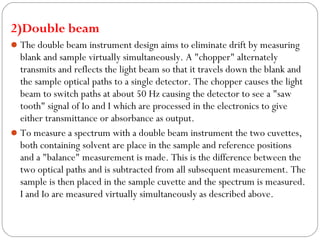 2)Double beam
The double beam instrument design aims to eliminate drift by measuring
blank and sample virtually simultaneously. A "chopper" alternately
transmits and reflects the light beam so that it travels down the blank and
the sample optical paths to a single detector. The chopper causes the light
beam to switch paths at about 50 Hz causing the detector to see a "saw
tooth" signal of Io and I which are processed in the electronics to give
either transmittance or absorbance as output.
To measure a spectrum with a double beam instrument the two cuvettes,
both containing solvent are place in the sample and reference positions
and a "balance" measurement is made. This is the difference between the
two optical paths and is subtracted from all subsequent measurement. The
sample is then placed in the sample cuvette and the spectrum is measured.
I and Io are measured virtually simultaneously as described above.
 