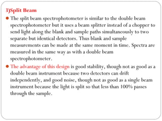 3)Split Beam
The split beam spectrophotometer is similar to the double beam
spectrophotometer but it uses a beam splitter instead of a chopper to
send light along the blank and sample paths simultaneously to two
separate but identical detectors. Thus blank and sample
measurements can be made at the same moment in time. Spectra are
measured in the same way as with a double beam
spectrophotometer.
The advantage of this design is good stability, though not as good as a
double beam instrument because two detectors can drift
independently, and good noise, though not as good as a single beam
instrument because the light is split so that less than 100% passes
through the sample.
 