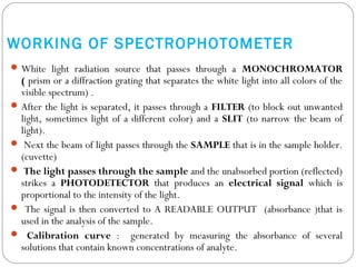 WORKING OF SPECTROPHOTOMETER
White light radiation source that passes through a MONOCHROMATOR
( prism or a diffraction grating that separates the white light into all colors of the
visible spectrum) .
After the light is separated, it passes through a FILTER (to block out unwanted
light, sometimes light of a different color) and a SLIT (to narrow the beam of
light).
 Next the beam of light passes through the SAMPLE that is in the sample holder.
(cuvette)
 The light passes through the sample and the unabsorbed portion (reflected)
strikes a PHOTODETECTOR that produces an electrical signal which is
proportional to the intensity of the light.
 The signal is then converted to A READABLE OUTPUT (absorbance )that is
used in the analysis of the sample.
 Calibration curve : generated by measuring the absorbance of several
solutions that contain known concentrations of analyte.
 