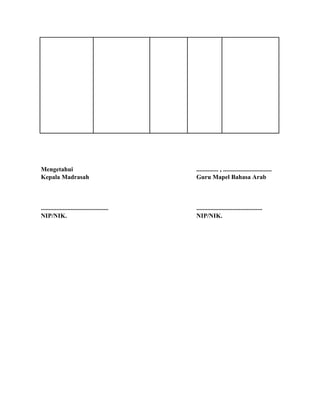 Mengetahui
Kepala Madrasah
...........................................
NIP/NIK.
.............. , ...............................
Guru Mapel Bahasa Arab
..........................................
NIP/NIK.
 