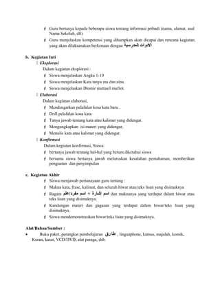  Guru bertanya kepada beberapa siswa tentang informasi pribadi (nama, alamat, asal
Nama Sekolah, dll)
 Guru menjelaskan kompetensi yang diharapkan akan dicapai dan rencana kegiatan
yang akan dilaksanakan berkenaan dengan ‫الودوات‬‫المدرسية‬
b. Kegiatan Inti
 Eksplorasi
Dalam kegiatan eksplorasi :
 Siswa menjelaskan Angka 1-10
 Siswa menjelaskan Kata tanya ma dan aina.
 Siswa menjelaskan Dlomir muttasil mufrot.
 Elaborasi
Dalam kegiatan elaborasi,
 Mendengarkan pelafalan kosa kata baru .
 Drill pelafalan kosa kata
 Tanya jawab tentang kata atau kalimat yang didengar.
 Mengungkapkan isi materi yang didengar.
 Menulis kata atau kalimat yang didengar.
 Konfirmasi
Dalam kegiatan konfirmasi, Siswa:
 bertanya jawab tentang hal-hal yang belum diketahui siswa
 bersama siswa bertanya jawab meluruskan kesalahan pemahaman, memberikan
penguatan dan penyimpulan
c. Kegiatan Akhir
 Siswa menjawab pertanayaan guru tentang :
 Makna kata, frase, kalimat, dan seluruh hiwar atau teks lisan yang disimaknya
 Ragam ‫مفرود/علم‬ ‫اسم‬ + ‫إشارة‬ ‫اسم‬ dan maknanya yang terdapat dalam hiwar atau
teks lisan yang disimaknya.
 Kandungan materi dan gagasan yang terdapat dalam hiwar/teks lisan yang
disimaknya.
 Siswa mendemonstrasikan hiwar/teks lisan yang disimaknya.
Alat/Bahan/Sumber :
• Buku paket, perangkat pembelajaran ‫طا‬‫رق‬ , linguaphone, kamus, majalah, komik,
Koran, kaset, VCD/DVD, alat peraga, dsb.
 