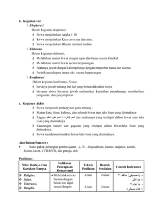 b. Kegiatan Inti
 Eksplorasi
Dalam kegiatan eksplorasi :
 Siswa menjelaskan Angka 1-10
 Siswa menjelaskan Kata tanya ma dan aina.
 Siswa menjelaskan Dlomir muttasil mufrot.
 Elaborasi
Dalam kegiatan elaborasi,
 Melafalkan materi hiwar dengan tepat dan benar secara klasikal.
 Melafalkan materi hiwar secara berpasangan
 Bertanya jawab dengan kelompoknya dengan menyebut nama dan alamat.
 Parktik percakapan tanpa teks secara berpasangan
 Konfirmasi
Dalam kegiatan konfirmasi, Siswa:
 bertanya jawab tentang hal-hal yang belum diketahui siswa
 bersama siswa bertanya jawab meluruskan kesalahan pemahaman, memberikan
penguatan dan penyimpulan
c. Kegiatan Akhir
 Siswa menjawab pertanayaan guru tentang :
 Makna kata, frase, kalimat, dan seluruh hiwar atau teks lisan yang disimaknya
 Ragam ‫مفرد/علم‬ ‫اسم‬ + ‫إشارة‬ ‫اسم‬ dan maknanya yang terdapat dalam hiwar atau teks
lisan yang disimaknya.
 Kandungan materi dan gagasan yang terdapat dalam hiwar/teks lisan yang
disimaknya.
 Siswa mendemonstrasikan hiwar/teks lisan yang disimaknya.
Alat/Bahan/Sumber :
• Buku paket, perangkat pembelajaran ‫طا‬‫رق‬ , linguaphone, kamus, majalah, komik,
Koran, kaset, VCD/DVD, alat peraga, dsb.
Penilaian :
Nilai Budaya Dan
Karakter Bangsa
Indikator
Pencapaian
Kompetensi
Teknik
Penilaian
Bentuk
Penilaian
Contoh Instrumen
 Religius.
 Jujur.
 Toleransi.
 Disiplin.
• Melafalakan teks
bacaan dengan
benar dan tepat
sesuai dengan
Lisan
Lisan
Uraian
Uraian
‫؟‬ ‫ماهذا‬ !‫صديقى‬ ‫يا‬ -
‫قلم‬ ‫هذا‬ +
‫؟‬ ‫هذه‬ ‫ما‬ -
‫مسطرة‬ ‫هذه‬ +
 