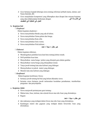  Guru bertanya kepada beberapa siswa tentang informasi pribadi (nama, alamat, asal
Nama Sekolah, dll)
 Guru menjelaskan kompetensi yang diharapkan akan dicapai dan rencana kegiatan
yang akan dilaksanakan berkenaan dengan ‫في‬ ،‫المدرسة‬ ‫في‬
‫المقصف‬ ‫في‬ ،‫المكتبة‬ ‫في‬ ،‫العمل‬
b. Kegiatan Inti
 Eksplorasi
Dalam kegiatan eksplorasi :
 Siswa menyebutkan Benda yang ada di kebun.
 Siswa menyebutkan Nama pohon dan bunga.
 Siswa menyebutkan Kata sifat.
 Siswa menyebutkan Jenis warna.
 Siswa menyebutkan Pola kalimat :
‫نعت‬ + ‫مبتدأ‬ + ‫د م‬ّ‫م‬‫مق‬ ‫خبر‬
 Elaborasi
Dalam kegiatan elaborasi,
 Mendengarkan pelafalan kosa kata baru tentang kebun rumah.
 Drill pelafalan kosa kata.
 Menyebutkan nama bunga / pohon yang ditunjuk guru dalam gambar.
 Menyebutkan warna bunga yang ditunjukkan teman.
 Tanya jawab tentang kata atau kalimat yang didengar.
 Mennyebutkan isi pokok materi yang didengar.
 Menulis kata atau kalimat yang didengar.
 Konfirmasi
Dalam kegiatan konfirmasi, Siswa:
 bertanya jawab tentang hal-hal yang belum diketahui siswa
 bersama siswa bertanya jawab meluruskan kesalahan pemahaman, memberikan
penguatan dan penyimpulan.
c. Kegiatan Akhir
 Siswa menjawab pertanayaan guru tentang :
 Makna kata, frase, kalimat, dan seluruh hiwar atau teks lisan yang disimaknya
 Ragam
‫نعت‬ + ‫مبتدأ‬ + ‫د م‬ّ‫م‬‫مق‬ ‫خبر‬
 dan maknanya yang terdapat dalam hiwar atau teks lisan yang disimaknya.
 Kandungan materi dan gagasan yang terdapat dalam hiwar/teks lisan yang
disimaknya.
 