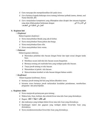  Guru menyapa dan memperkenalkan diri pada siswa
 Guru bertanya kepada beberapa siswa tentang informasi pribadi (nama, alamat, asal
Nama Sekolah, dll)
 Guru menjelaskan kompetensi yang diharapkan akan dicapai dan rencana kegiatan
yang akan dilaksanakan berkenaan dengan ‫في‬ ،‫المدرسة‬ ‫في‬
‫المقصف‬ ‫في‬ ،‫المكتبة‬ ‫في‬ ،‫العمل‬
b. Kegiatan Inti
 Eksplorasi
Dalam kegiatan eksplorasi :
 Siswa menyebutkan Benda yang ada di kebun.
 Siswa menyebutkan Nama pohon dan bunga.
 Siswa menyebutkan Kata sifat.
 Siswa menyebutkan Jenis warna.
 Elaborasi
Dalam kegiatan elaborasi,
 Menirukan pelafalan teks bacaan dengan benar dan tepat sesuai dengan tanda
baca.
 Membaca secara individu teks bacaan secara bergantian.
 Bertanya tentang arti mufrodat baru yang terdapat pada teks bacaan.
 Tanya jawab tentang isi teks bacaan
 Menentukan isi pokok teks bacaan.
 Menceriterakan kembali isi teks bacaan dengan bahasa sendiri.
 Konfirmasi
Dalam kegiatan konfirmasi, Siswa:
 bertanya jawab tentang hal-hal yang belum diketahui siswa
 bersama siswa bertanya jawab meluruskan kesalahan pemahaman, memberikan
penguatan dan penyimpulan.
c. Kegiatan Akhir
 Siswa menjawab pertanayaan guru tentang :
 Makna kata, frase, kalimat, dan seluruh hiwar atau teks lisan yang disimaknya
 Ragam ‫نعت‬ + ‫مبتدأ‬ + ‫د م‬ّ‫م‬‫مق‬ ‫خبر‬
 dan maknanya yang terdapat dalam hiwar atau teks lisan yang disimaknya.
 Kandungan materi dan gagasan yang terdapat dalam hiwar/teks lisan yang
disimaknya.
 Siswa mendemonstrasikan hiwar/teks lisan yang disimaknya.
 