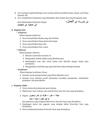 ♦ Guru bertanya kepada beberapa siswa tentang informasi pribadi (nama, alamat, asal Nama
Sekolah, dll)
♦ Guru menjelaskan kompetensi yang diharapkan akan dicapai dan rencana kegiatan yang
akan dilaksanakan berkenaan dengan ‫في‬‫المدرسة‬،‫في‬،‫العمل‬
‫في‬،‫المكتبة‬‫في‬‫المقصف‬
b. Kegiatan Inti
 Eksplorasi
Dalam kegiatan eksplorasi :
 Siswa menyebutkan Benda yang ada di kebun.
 Siswa menyebutkan Nama pohon dan bunga.
 Siswa menyebutkan Kata sifat.
 Siswa menyebutkan Jenis warna.
 Elaborasi
Dalam kegiatan elaborasi,
 Menulis contoh khot minimal 3x.
 Mengerjakan latihan-latihan yang diberikan guru.
 Membedakan kata sifat untuk benda jenis laki-laki dengan benda jenis
perempuan..
 Menggunakan mufrodat yang tepat dan benar dalam berbagai kalimat.
 Konfirmasi
Dalam kegiatan konfirmasi, Siswa:
 bertanya jawab tentang hal-hal yang belum diketahui siswa
 bersama siswa bertanya jawab meluruskan kesalahan pemahaman, memberikan
penguatan dan penyimpulan.
c. Kegiatan Akhir
 Siswa menjawab pertanayaan guru tentang :
 Makna kata, frase, kalimat, dan seluruh hiwar atau teks lisan yang disimaknya
 Ragam ‫مبتدأ‬+‫خبر‬+‫ظرف‬‫أو‬‫جار‬‫ومجرور‬
‫نعت‬ + ‫مبتدأ‬ + ‫مقد م‬ ‫خبر‬ ‫أو‬
dan maknanya yang terdapat dalam hiwar atau teks lisan yang disimaknya.
 Kandungan materi dan gagasan yang terdapat dalam hiwar/teks lisan yang
disimaknya.
 Siswa mendemonstrasikan hiwar/teks lisan yang disimaknya.
 