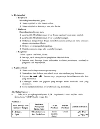 b. Kegiatan Inti
 Eksplorasi
Dalam kegiatan eksplorasi, guru:
 Siswa menjelaskan Isim dlomir mufrod.
 Siswa menjelaskan Kata tanya man,min dan hal.
 Elaborasi
Dalam kegiatan elaborasi guru,
 peserta didik Melafalkan materi hiwar dengan tepat dan benar secara klasikal.
 peserta didik Melafalkan materi hiwar secara berpasangan.
 Berkenalan dengan teman dengan menyebutkan nama dirinya dan nama temannya
dengan menggunakan dlomir.
 Bertanya jawab dengan kelompoknya.
 Parktik percakapan tanpa teks secara berpasangan.
 Konfirmasi
Dalam kegiatan konfirmasi, Siswa:
 bertanya jawab tentang hal-hal yang belum diketahui siswa
 bersama siswa bertanya jawab meluruskan kesalahan pemahaman, memberikan
penguatan dan penyimpulan.
c. Kegiatan Akhir
 Siswa menjawab pertanayaan guru tentang :
 Makna kata, frase, kalimat, dan seluruh hiwar atau teks lisan yang disimaknya
 Ragam ‫علم‬+‫ضمير‬‫مفرود‬ dan maknanya yang terdapat dalam hiwar atau teks lisan
yang disimaknya.
 Kandungan materi dan gagasan yang terdapat dalam hiwar/teks lisan yang
disimaknya.
 Siswa mendemonstrasikan hiwar/teks lisan yang disimaknya.
Alat/Bahan/Sumber :
• Buku paket, perangkat pembelajaran ‫طا‬‫رق‬ , linguaphone, kamus, majalah, komik,
Koran, kaset, VCD/DVD, alat peraga, dsb.
Penilaian :
Nilai Budaya Dan
Karakter Bangsa
Indikator
Pencapaian
Kompetensi
Teknik
Penilaian
Bentuk
Penilaian
Contoh Instrumen
 Religius.
 Jujur.
• Melafalkan kosa
kata dan kalimat
Lisan
(praktik
dialog)
Uraian -‫صباح‬‫الخير‬
‫النور‬ ‫صباح‬ +
 