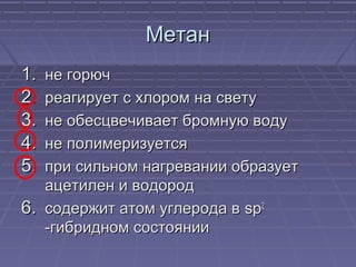 МетанМетан
1.1. не горючне горюч
2.2. реагирует с хлором на светуреагирует с хлором на свету
3.3. не обесцвечивает бромную водуне обесцвечивает бромную воду
4.4. не полимеризуетсяне полимеризуется
5.5. при сильном нагревании образуетпри сильном нагревании образует
ацетилен и водородацетилен и водород
6.6. содержит атом углерода всодержит атом углерода в spsp22
-гибридном состоянии-гибридном состоянии
 