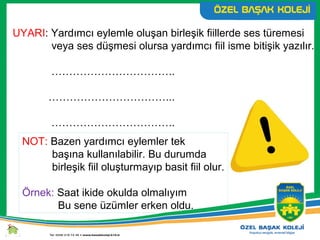 UYARI: Yardımcı eylemle oluşan birleşik fiillerde ses türemesi
veya ses düşmesi olursa yardımcı fiil isme bitişik yazılır.
……………………………..
……………………………...
……………………………..
NOT: Bazen yardımcı eylemler tek
başına kullanılabilir. Bu durumda
birleşik fiil oluşturmayıp basit fiil olur.
Örnek: Saat ikide okulda olmalıyım
Bu sene üzümler erken oldu.
 